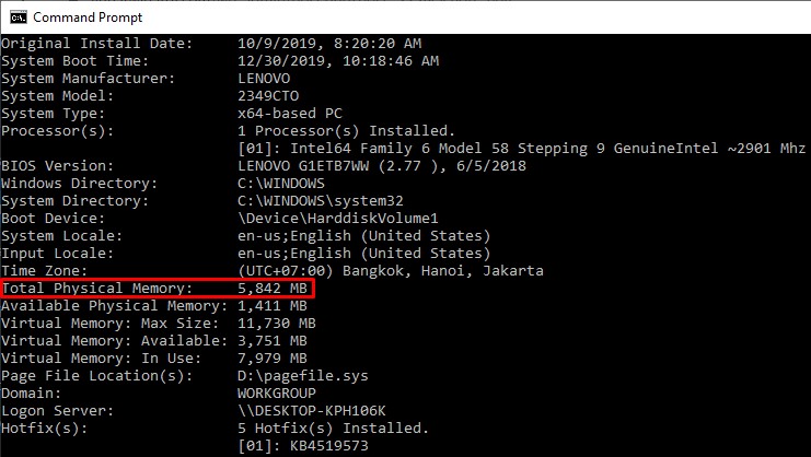 RAM size systeminfo command