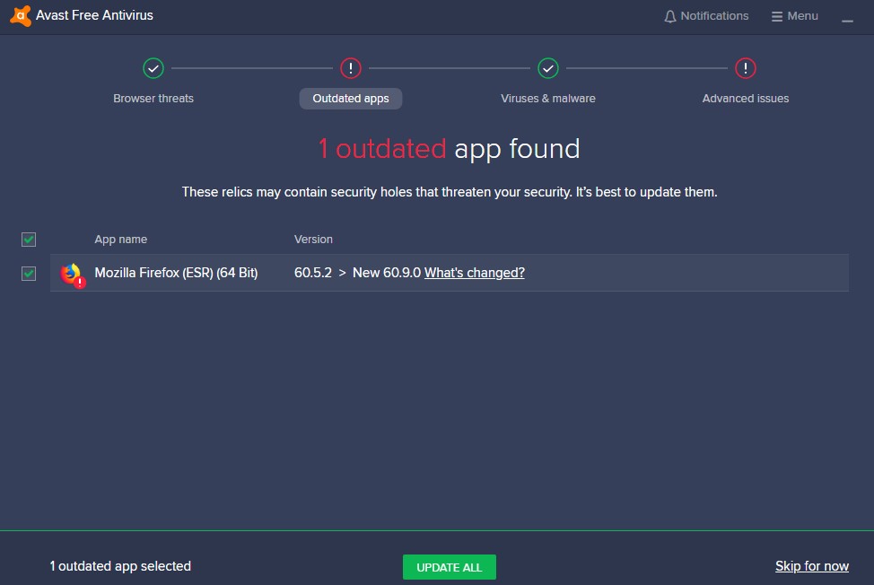 avast free antivirus review 1 outdated app found