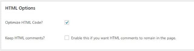 Autoptimize settings HTML options